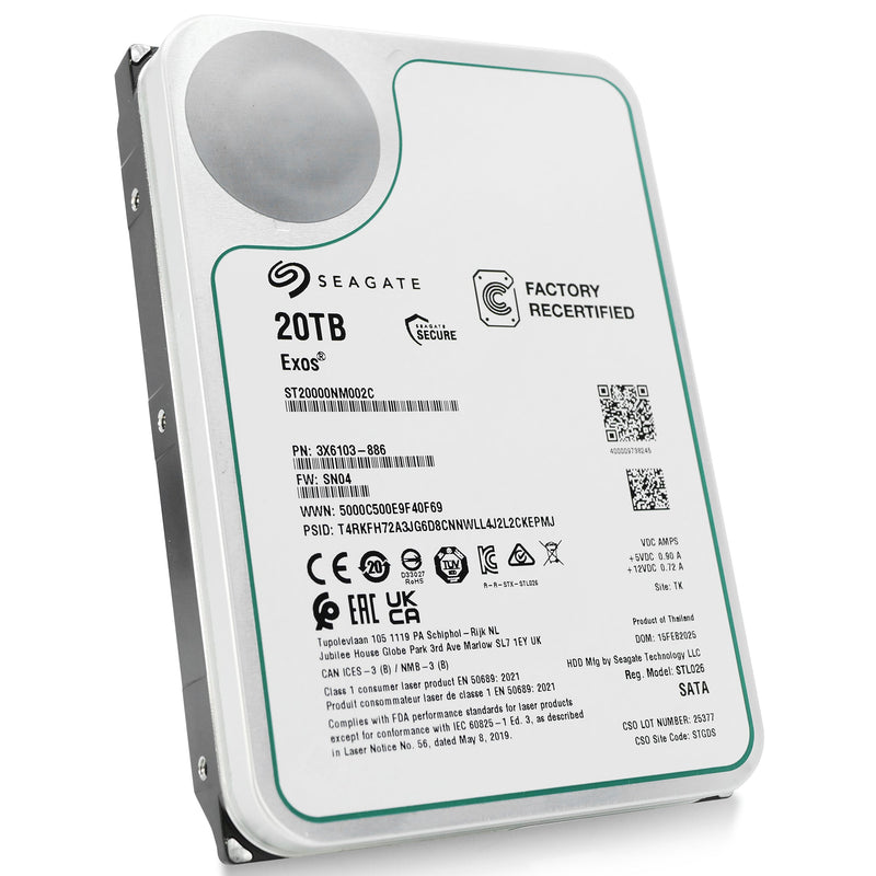 Seagate Exos ST20000NM002C 20TB 7.2K RPM SATA 6Gb/s 512e 3.5in Recertified Hard Drive