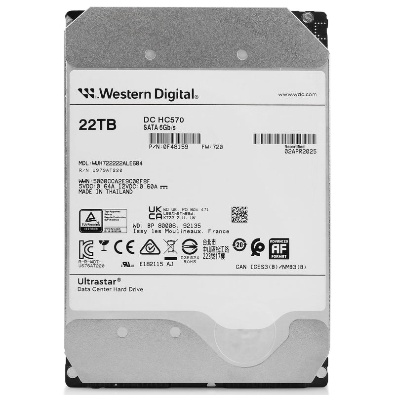 Western Digital Ultrastar DC HC570 WUH722222ALE604 0F48159 22TB 7.2K RPM SATA 6Gb/s 512e 3.5in Recertified Hard Drive