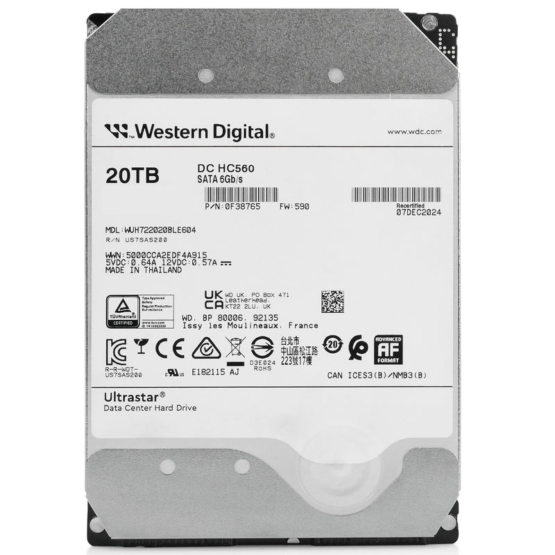 Western Digtial Ultrastar DC HC560 WUH722020BLE604 0F38765 20TB 7.2K RPM SATA 6Gb/s 512e 3.5in Hard Drive