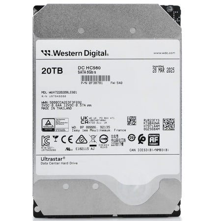 Western Digital Ultrastar DC HC560 WUH722020BLE601 0F38781 20TB 7.2K RPM SATA 6Gb/s 512e 3.5in Recertified Hard Drive