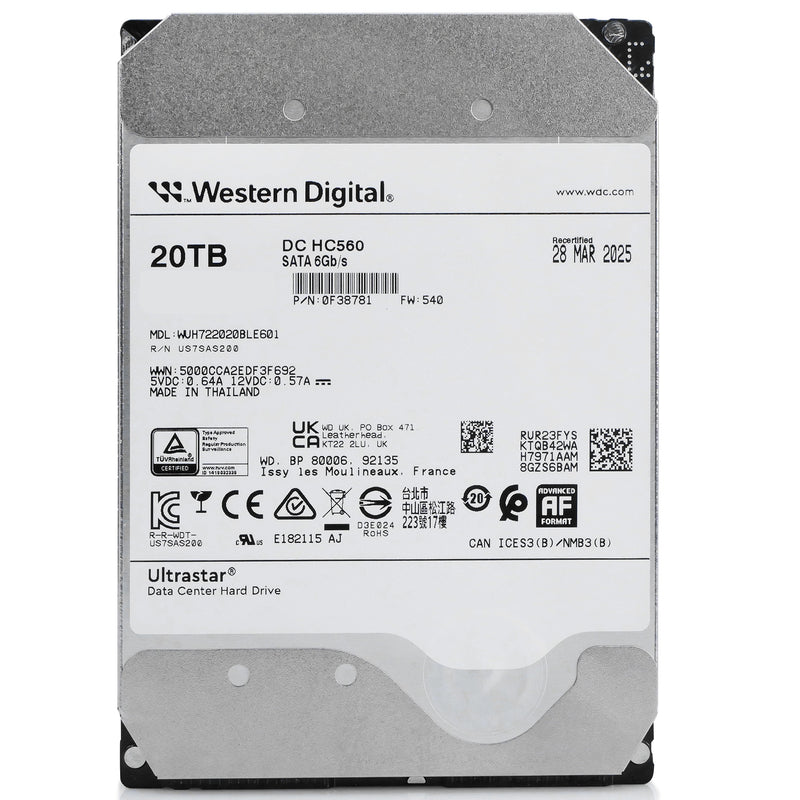 Western Digital Ultrastar DC HC560 WUH722020BLE601 0F38781 20TB 7.2K RPM SATA 6Gb/s 512e 3.5in Recertified Hard Drive
