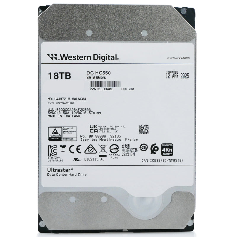 Western Digital Ultrastar DC HC550 WUH721818ALN604 0F38403 18TB 7.2K RPM SATA 6Gb/s 4Kn 3.5in Recertified Hard Drive