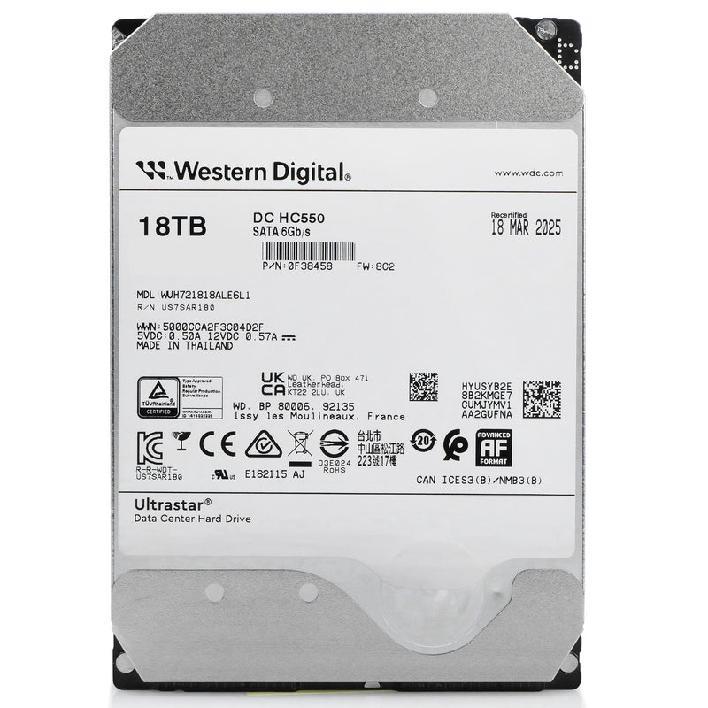 Western Digital Ultrastar DC HC550 WUH721818ALE6L1 0F38458 18TB 7.2K RPM SATA 6Gb/s 512e SED TCG-Enterprise 3.5in Refurbished HDD