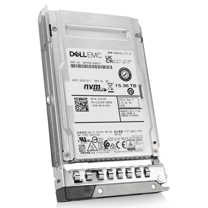 Dell G14 0J91CR 15.36TB 1 DWPD PCIe Gen 4.0 x4 8GB/s 3D TLC U.3 NVMe 2.5in Solid State Drive, front angled view