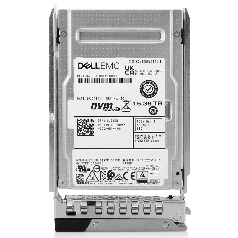 Dell G14 0J91CR 15.36TB 1 DWPD PCIe Gen 4.0 x4 8GB/s 3D TLC U.3 NVMe 2.5in Solid State Drive, front view