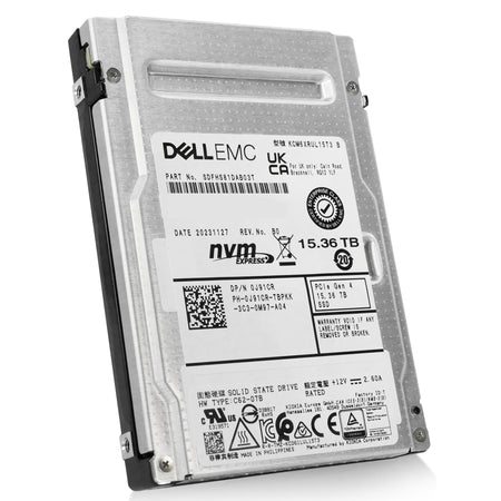 Dell/Kioxia CM6-R KCM6XRUL15T3 15.36TB 1 DWPD PCIe Gen 4.0 x4 8GB/s 3D TLC U.3 NVMe 2.5in Solid State Drive, front angled view