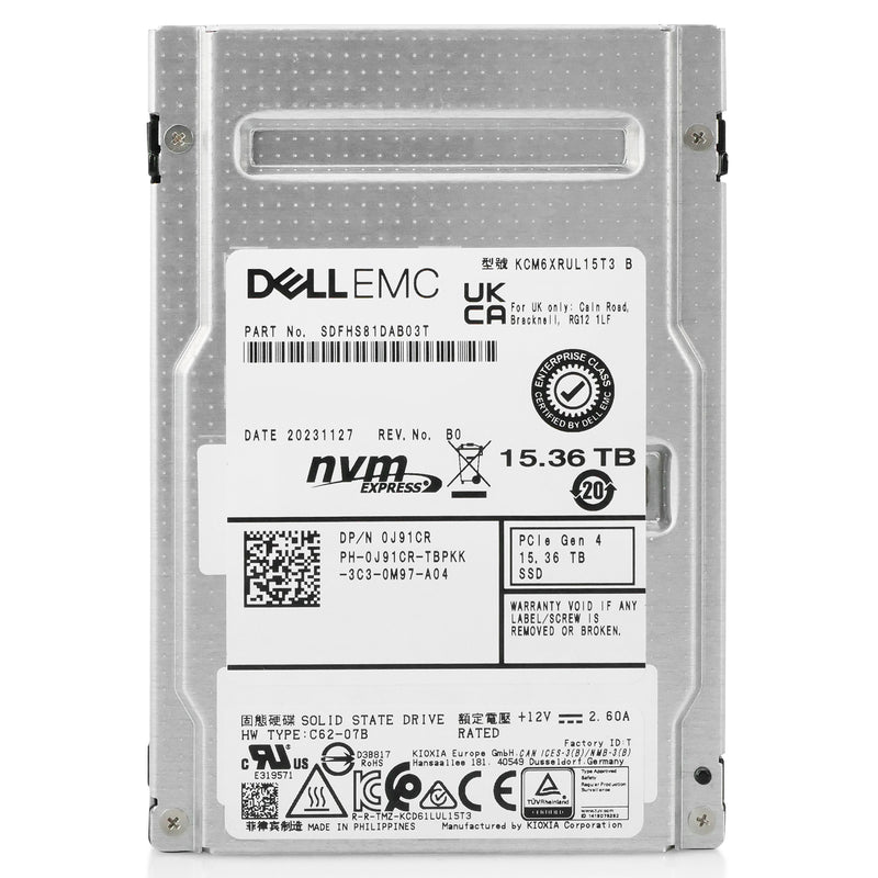 Dell/Kioxia CM6-R KCM6XRUL15T3 15.36TB 1 DWPD PCIe Gen 4.0 x4 8GB/s 3D TLC U.3 NVMe 2.5in Refurbished SSD