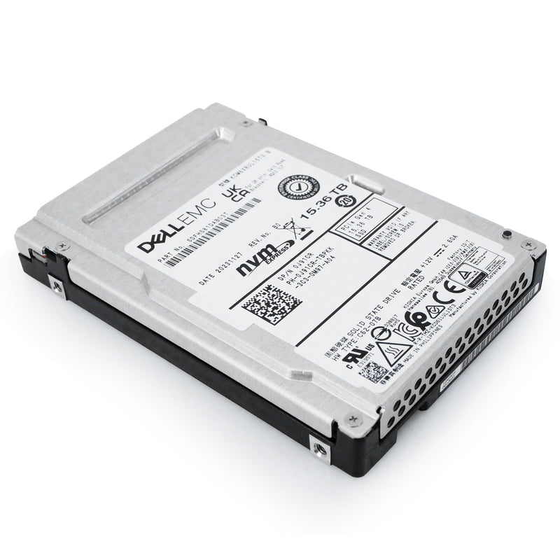 Dell/Kioxia CM6-R KCM6XRUL15T3 15.36TB 1 DWPD PCIe Gen 4.0 x4 8GB/s 3D TLC U.3 NVMe 2.5in Solid State Drive, front bottom angled view