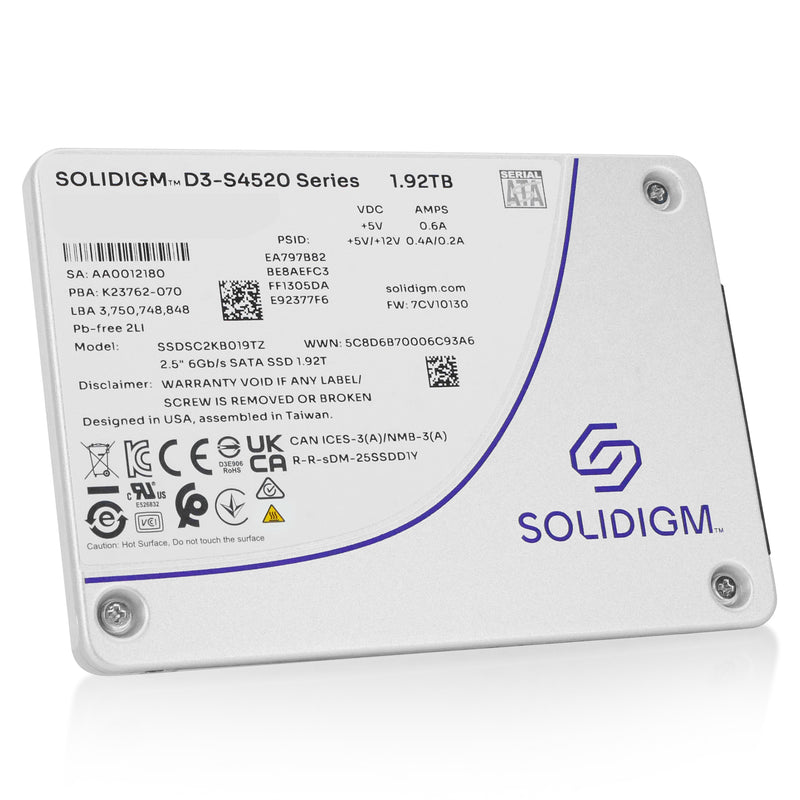 Solidigm/Intel D3-S4520 SSDSC2KB019TZ1Z 1.92TB 1 DWPD SATA 6Gb/s 3D TLC 2.5in Recertified Solid State Drive