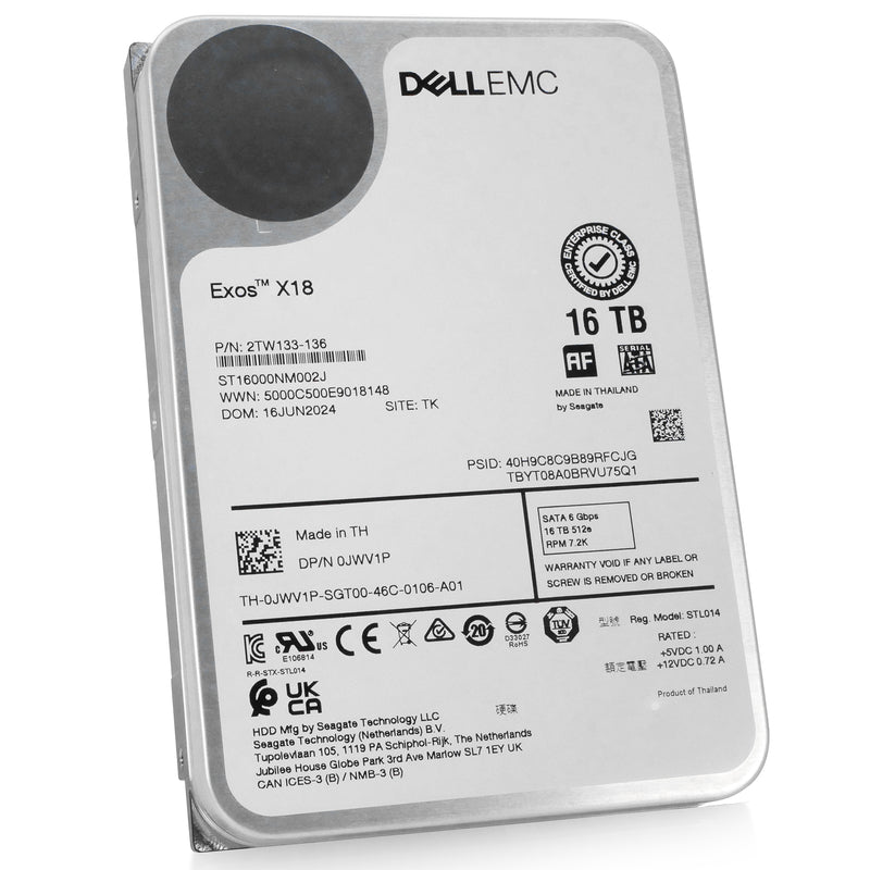 Dell/Seagate Exos X18 ST16000NM002J 16TB 7.2K RPM SATA 6Gb/s 512e 3.5in Hard Drive, front angled view