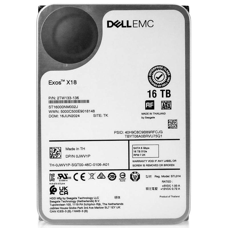 Dell/Seagate Exos X18 ST16000NM002J 16TB 7.2K RPM SATA 6Gb/s 512e 3.5in Hard Drive, front view