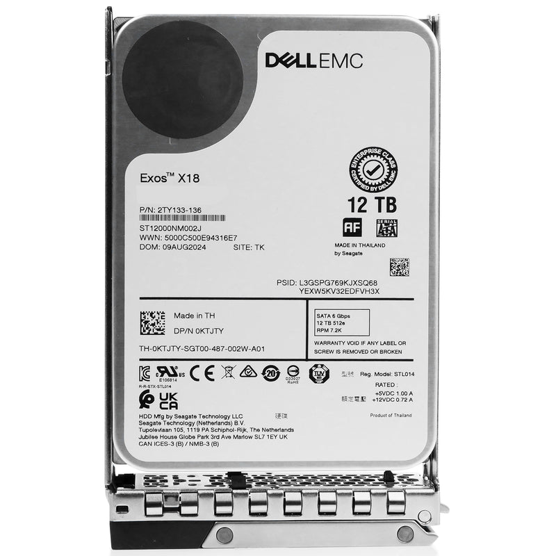Dell G14 0KTJTY 12TB 7.2K RPM SATA 6Gb/s 512e 3.5in Refurbished HDD, front view