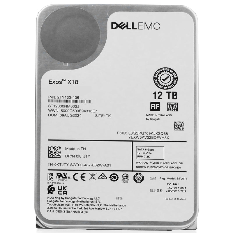 Dell/Seagate Exos X18 ST12000NM002J 12TB 7.2K RPM SATA 6Gb/s 512e 3.5in Hard Drive, front view