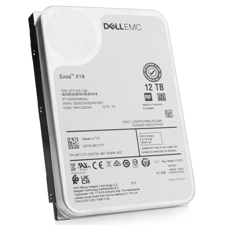 Dell/Seagate Exos X18 ST12000NM002J 12TB 7.2K RPM SATA 6Gb/s 512e 3.5in Hard Drive, front angled view