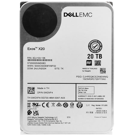 Dell/Seagate Exos X20 ST20000NM008D 20TB 7.2K RPM SATA 6Gb/s 512e 3.5in Hard Drive, front view
