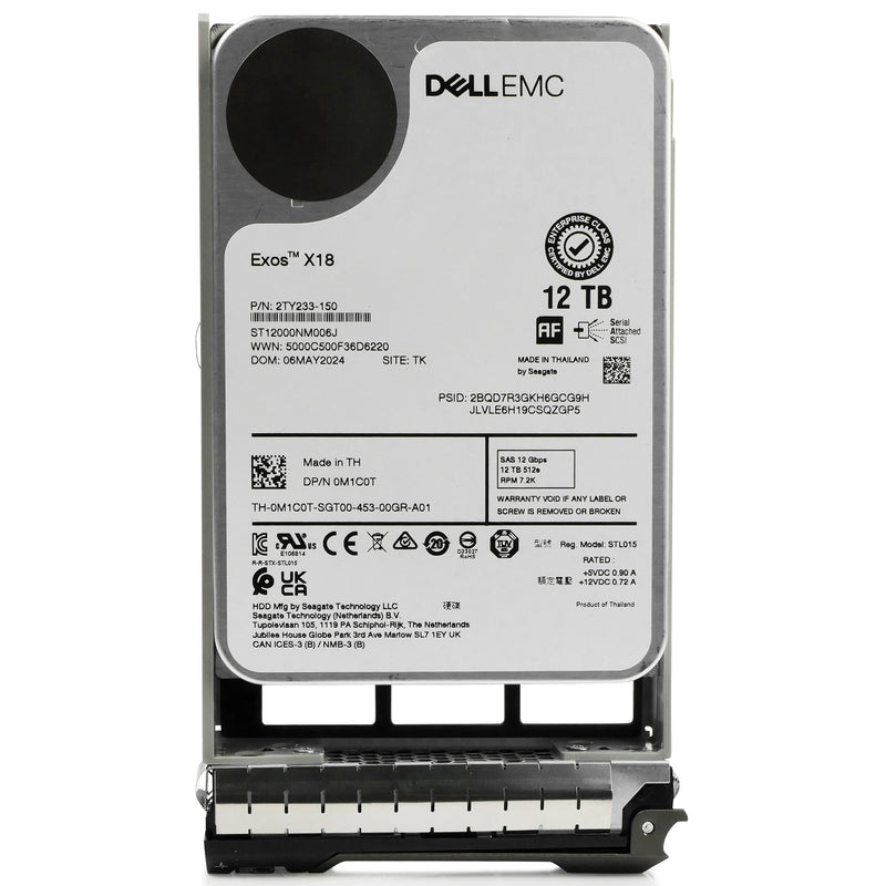 Dell G13 0M1C0T 12TB 7.2K RPM SAS 12Gb/s 512e 3.5in Hard Drive, front view