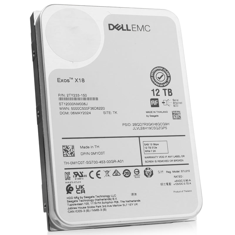 Dell/Seagate Exos X16 ST12000NM006J 12TB 7.2K RPM SAS 12Gb/s 512e 3.5in Hard Drive, front angled view