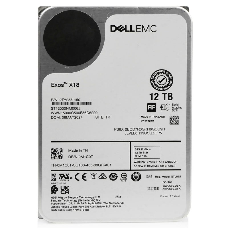 Dell/Seagate Exos X16 ST12000NM006J 12TB 7.2K RPM SAS 12Gb/s 512e 3.5in Refurbished HDD