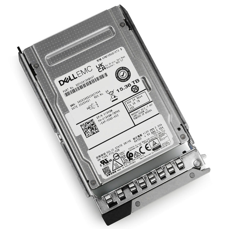 Dell G14/15/16 019VGM 15.36TB 1 DWPD SAS-4 24Gb/s 3D TLC 2.5in Enterprise Solid State Drive, front angled view