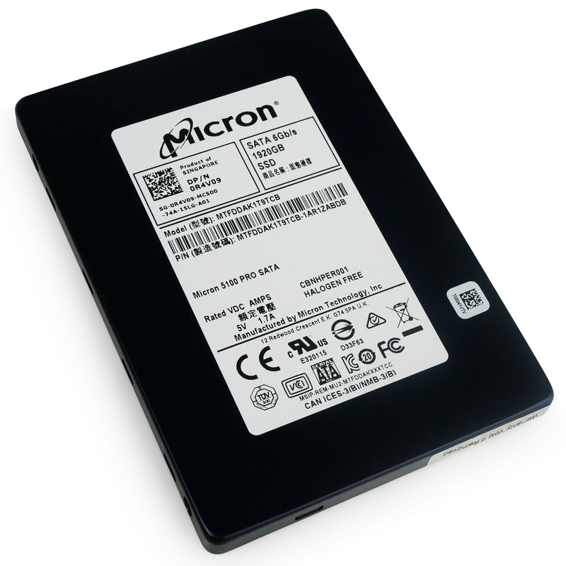 Dell/Micron 5100 PRO MTFDDAK1T9TCB 1.92TB SATA 6Gb/s 3D TLC 2.5in Solid State Drive, front bottom angled view