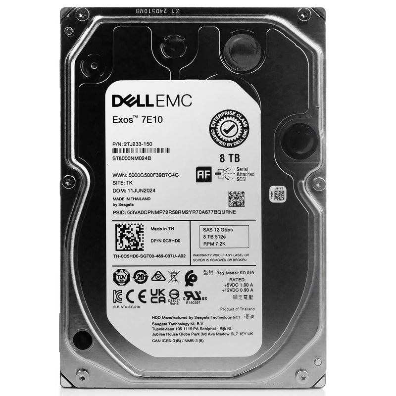 Dell/Seagate Exos 7E10 ST8000NM024B 8TB 7.2K RPM SAS 12Gb/s 512e 3.5in Hard Drive, front view