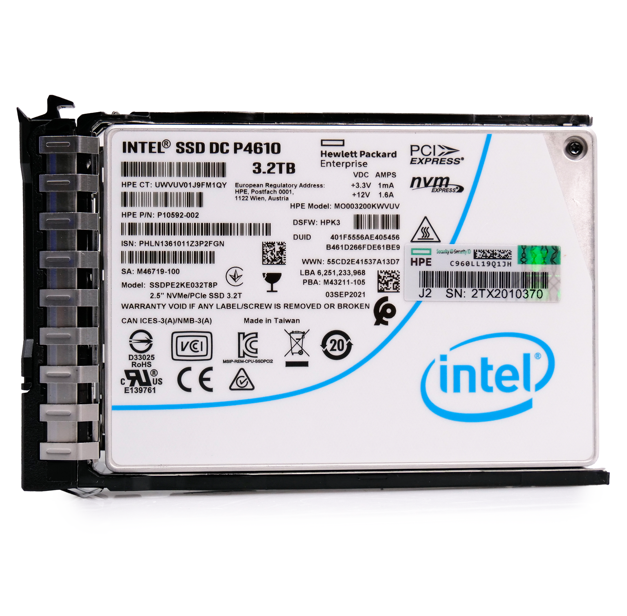 HP/Intel Generation 10 P10592-002 3.2TB 3 DWPD PCIe Gen 3.1 x4 4GB/s Mixed Use 3D TLC 2.5in Solid State Drive