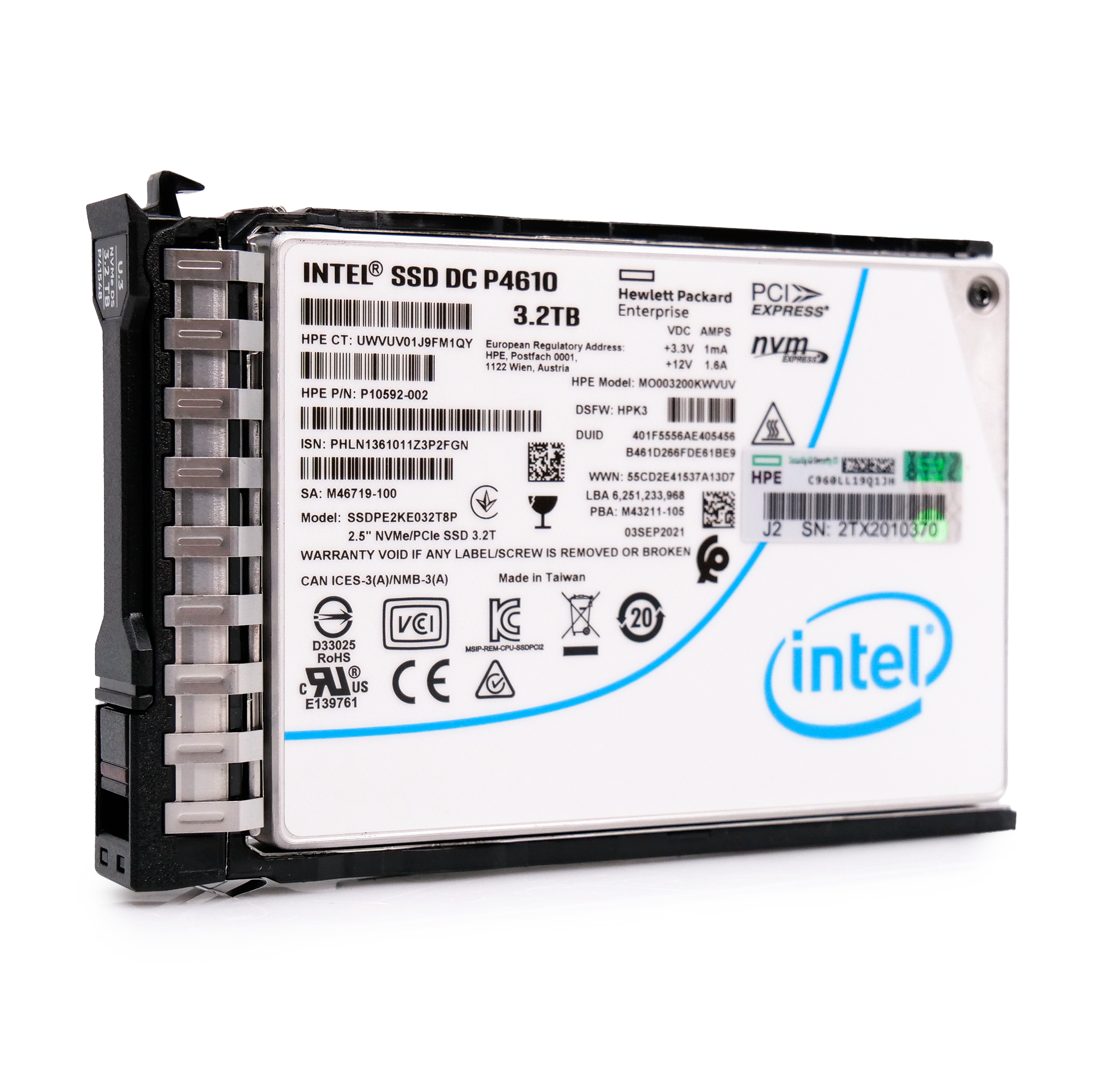 HP/Intel Generation 10 P10592-002 3.2TB 3 DWPD PCIe Gen 3.1 x4 4GB/s Mixed Use 3D TLC 2.5in Solid State Drive