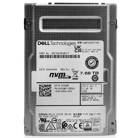Dell/Kioxia CM7-R KCM7XRUG7T68 7.68TB 1 DWPD PCIe Gen 4.0 x4 8GB/s 3D TLC U.2 NVMe 2.5in Solid State Drive, front view