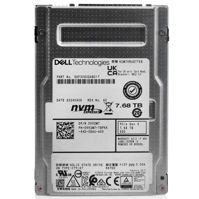Dell/Kioxia CM7-R KCM7XRUG7T68 7.68TB 1 DWPD PCIe Gen 4.0 x4 8GB/s 3D TLC U.2 NVMe 2.5in Solid State Drive, front view