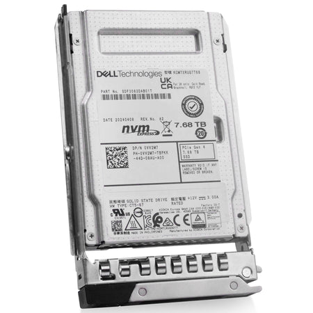 Dell G14 0VV2M7 7.68TB 1 DWPD PCIe Gen 4.0 x4 8GB/s 3D TLC U.2 NVMe 2.5in Solid State Drive, front angled view