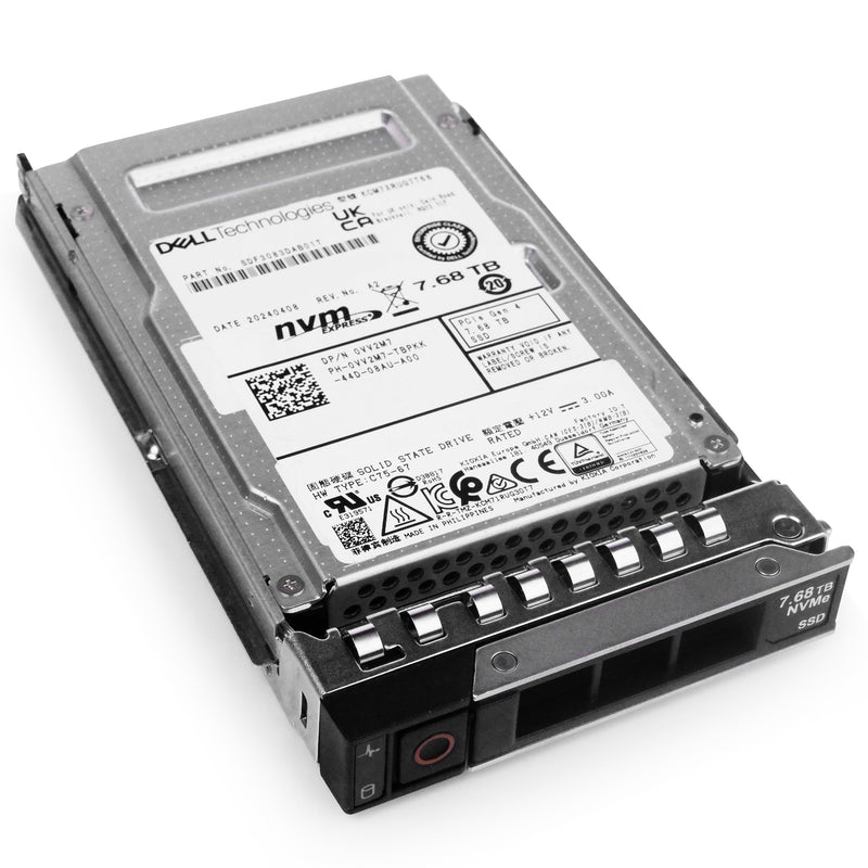 Dell G14 0VV2M7 7.68TB 1 DWPD PCIe Gen 4.0 x4 8GB/s 3D TLC U.2 NVMe 2.5in Solid State Drive, front bottom angled view