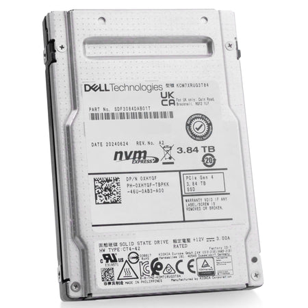 Dell/Kioxia CM7-R KCM7XRUG3T84 3.84TB 1 DWPD PCIe Gen 4.0 x4 8GB/s 3D TLC U.2 NVMe 2.5in Solid State Drive, front angled view