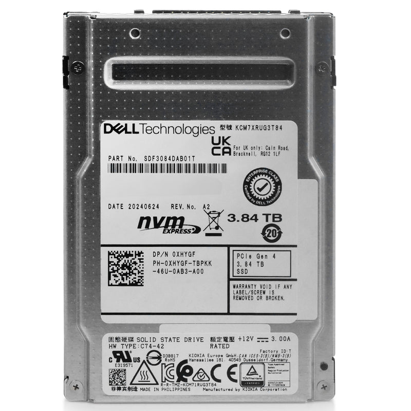 Dell/Kioxia CM7-R KCM7XRUG3T84 3.84TB 1 DWPD PCIe Gen 4.0 x4 8GB/s 3D TLC U.2 NVMe 2.5in Solid State Drive, front view