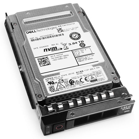 Dell G14 0XHYGF 3.84TB 1 DWPD PCIe Gen 4.0 x4 8GB/s 3D TLC U.2 NVMe 2.5in Solid State Drive, front bottom angled view