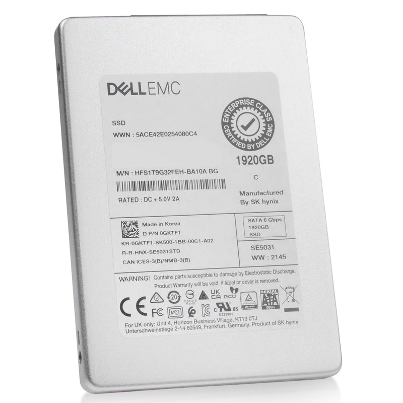 Dell/SK Hynix HFS1T9G32FEH 1.92TB SATA 6Gb/s 2.5in Refurbished SSD, front angled view