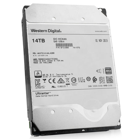 Western Digital Ultrastar DC HC530 WUH721414AL4200 0F31000 14TB 7.2K RPM SAS 12Gb/s 4Kn 3.5in Refurbished HDD, front angled view