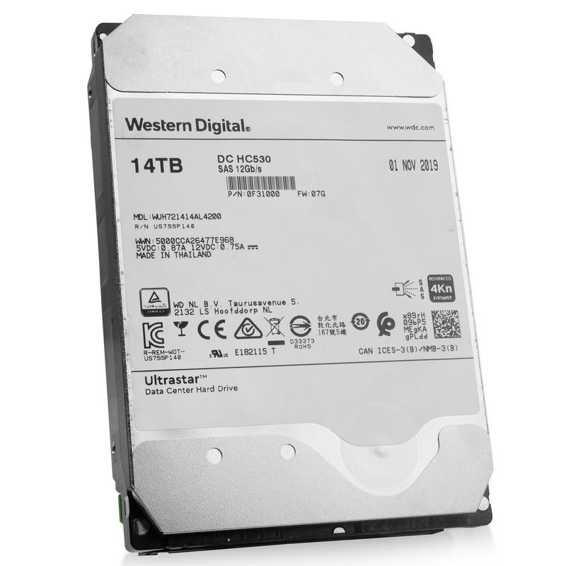 Western Digital Ultrastar DC HC530 WUH721414AL4200 0F31000 14TB 7.2K RPM SAS 12Gb/s 4Kn 3.5in Refurbished HDD, front angled view