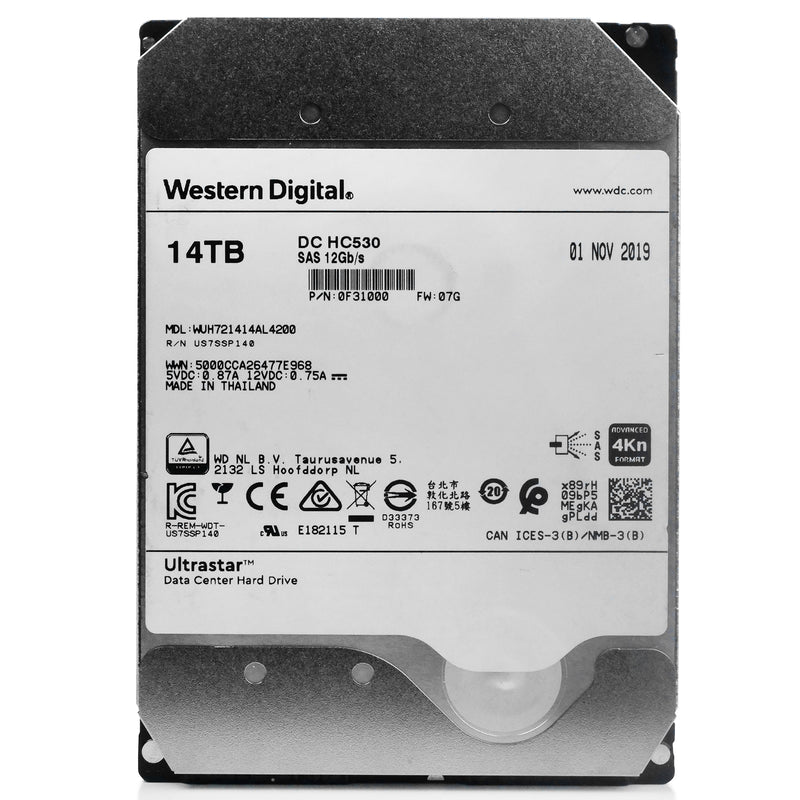 Western Digital Ultrastar DC HC530 WUH721414AL4200 0F31000 14TB 7.2K RPM SAS 12Gb/s 4Kn 3.5in Refurbished HDD, front view