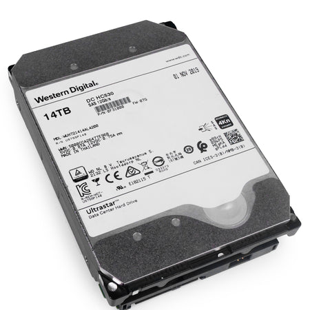 Western Digital Ultrastar DC HC530 WUH721414AL4200 0F31000 14TB 7.2K RPM SAS 12Gb/s 4Kn 3.5in Refurbished HDD, front bottom angled view