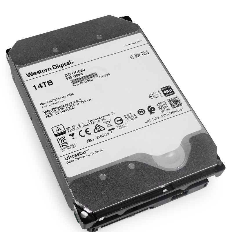 Western Digital Ultrastar DC HC530 WUH721414AL4200 0F31000 14TB 7.2K RPM SAS 12Gb/s 4Kn 3.5in Refurbished HDD, front bottom angled view