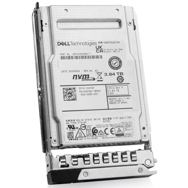 Dell G14 0XHYGF 3.84TB 1 DWPD PCIe Gen 4.0 x4 8GB/s 3D TLC U.2 NVMe 2.5in Solid State Drive, front angled view