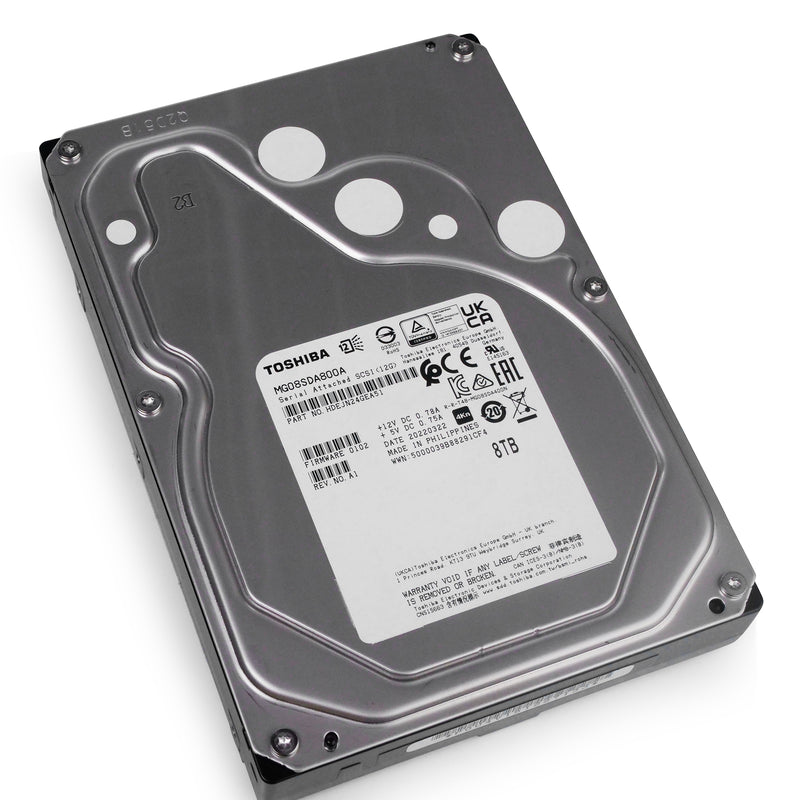 Toshiba MG08 MG08SDA800A 8TB 7.2K RPM SAS 12Gb/s 4Kn 3.5in Hard Drive, front bottom angled view