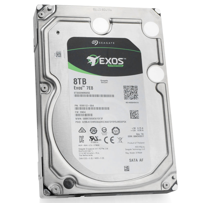 Seagate Exos 7E8 ST8000NM0055 8TB 7.2K RPM SATA 6Gb/s 512e 3.5in Refurbished HDD, front angled view