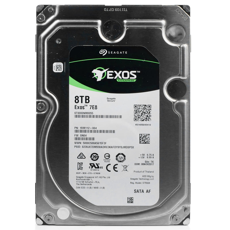 Seagate Exos 7E8 ST8000NM0055 8TB 7.2K RPM SATA 6Gb/s 512e 3.5in Refurbished HDD, front view