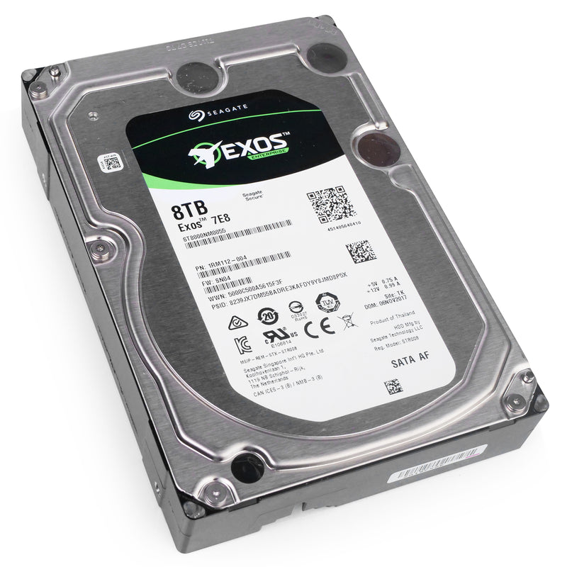 Seagate Exos 7E8 ST8000NM0055 8TB 7.2K RPM SATA 6Gb/s 512e 3.5in Refurbished HDD, front bottom angled view