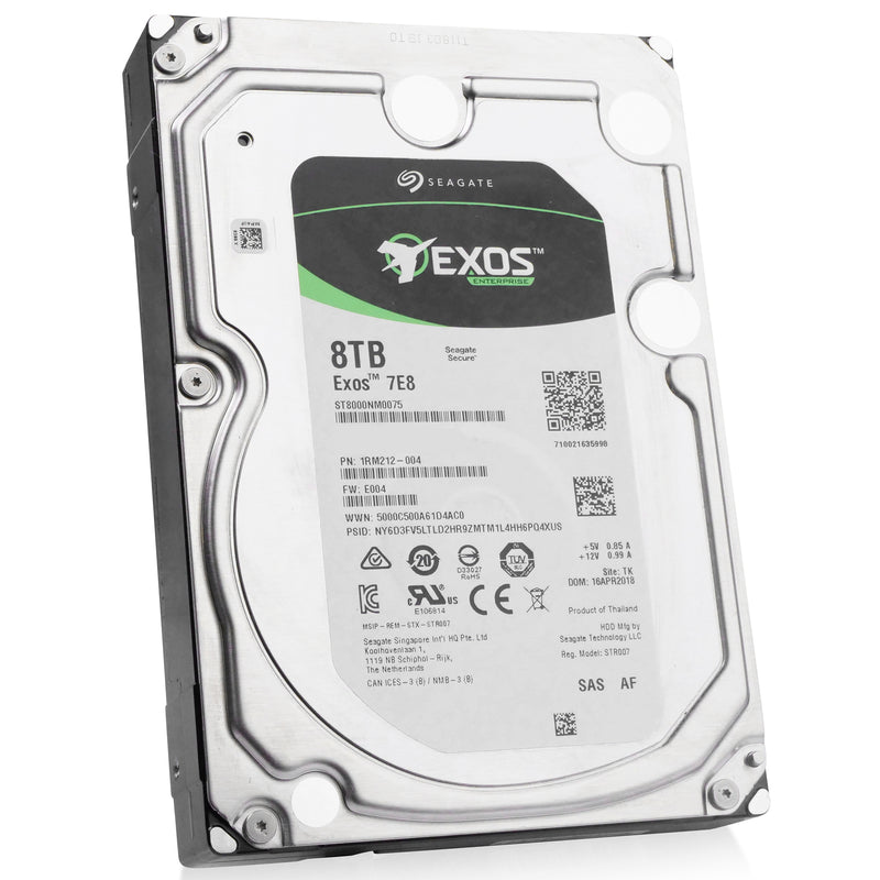 Seagate Exos 7E8 ST8000NM0075 8TB 7.2K RPM SAS 12Gb/s 256MB 3.5" Refurbished HDD, front angled view