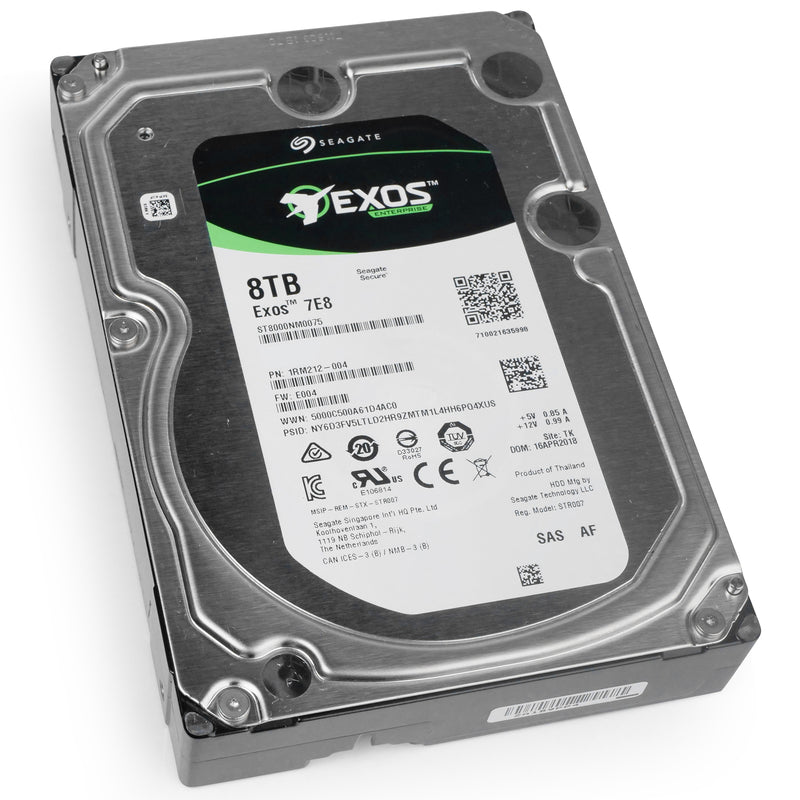 Seagate Exos 7E8 ST8000NM0075 8TB 7.2K RPM SAS 12Gb/s 256MB 3.5" Refurbished HDD, front bottom angled view