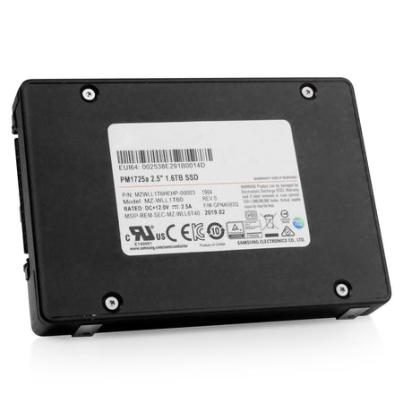 Samsung PM1725a MZWLL1T6HEHP 1.6TB 5 DWPD PCIe Gen 3.0 x4 4GB/s 3D TLC U.2 NVMe 2.5in Refurbished SSD, front angled view