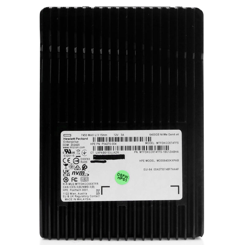 HP/Micron 7450 MAX MTFDKCC6T4TFS 6.4TB 3 DWPD PCIe Gen 4.0 x4 8GB/s 3D TLC U.3 NVMe 2.5in Solid State Drive, front view