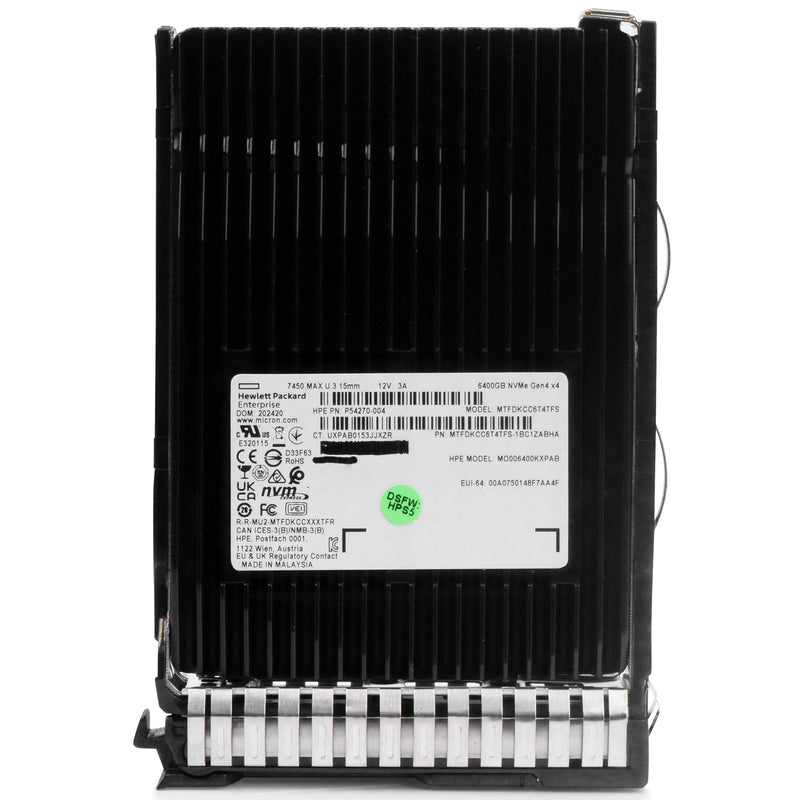 HP G8 G9 G10 MO006400KXPAB P54270-004 6.4TB 3 DWPD PCIe Gen 4.0 x4 8GB/s 3D TLC U.3 NVMe 2.5in Solid State Drive, front view